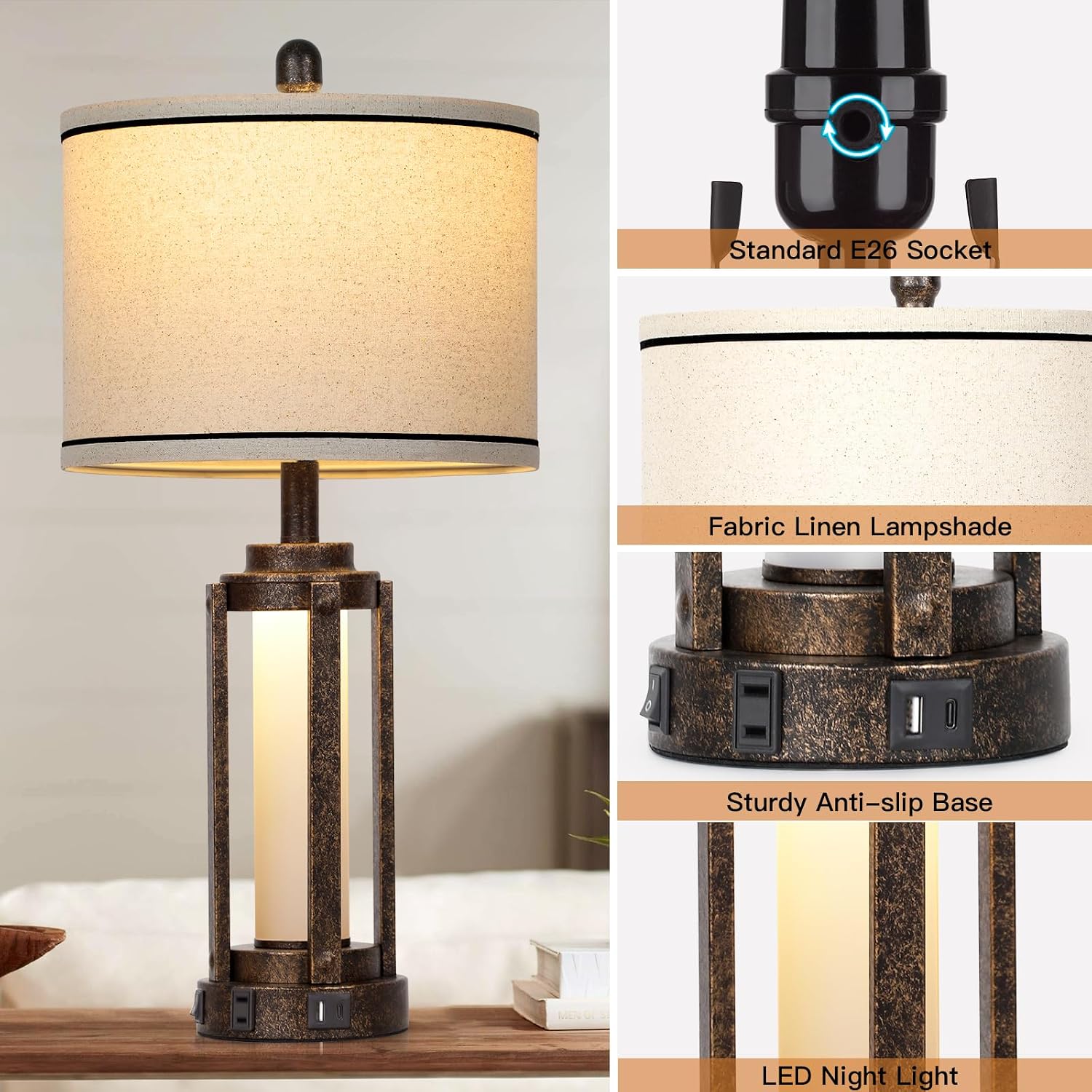 USB Farmhouse Vintage Table Lamp