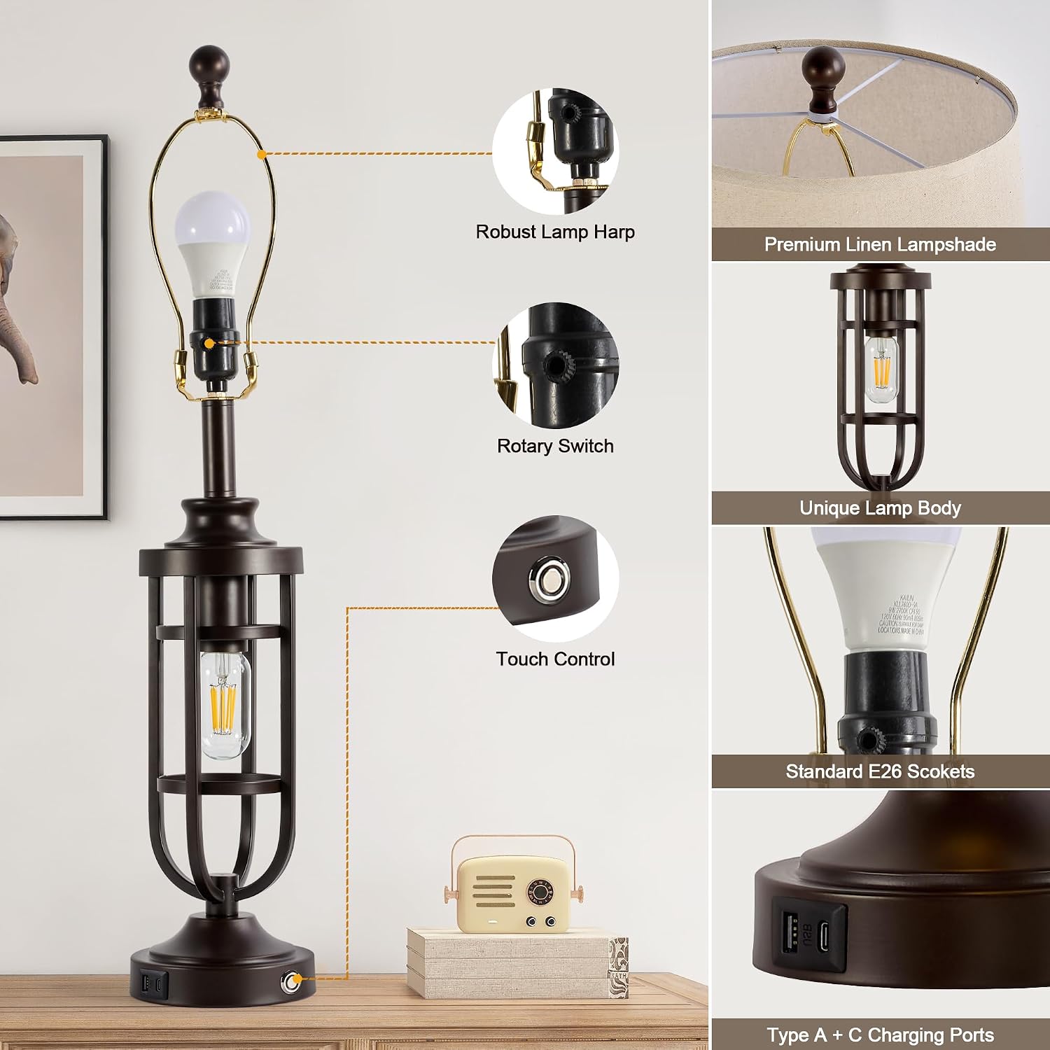 Touch USB Farmhouse Table Lamps